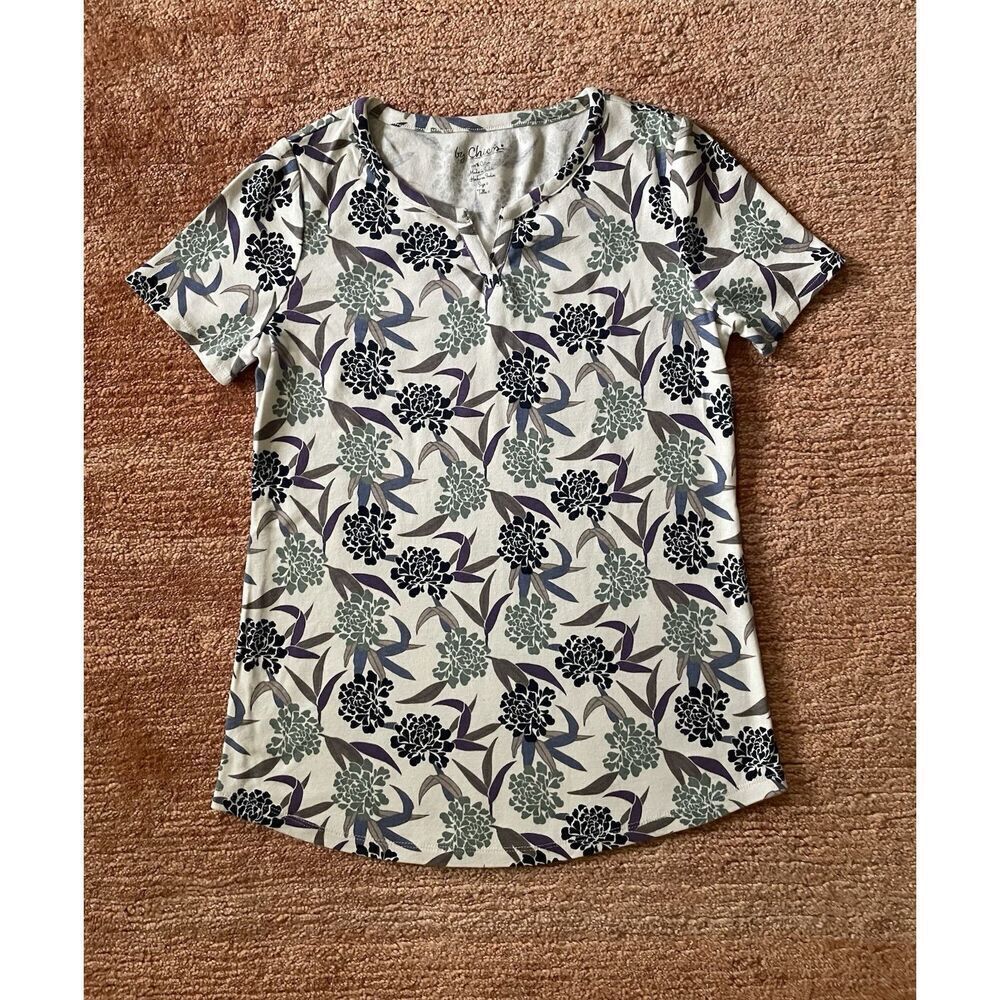 Chicos Floral Print Cotton Short Sleeve V Neck Top Size 0/S Beige Green Purple